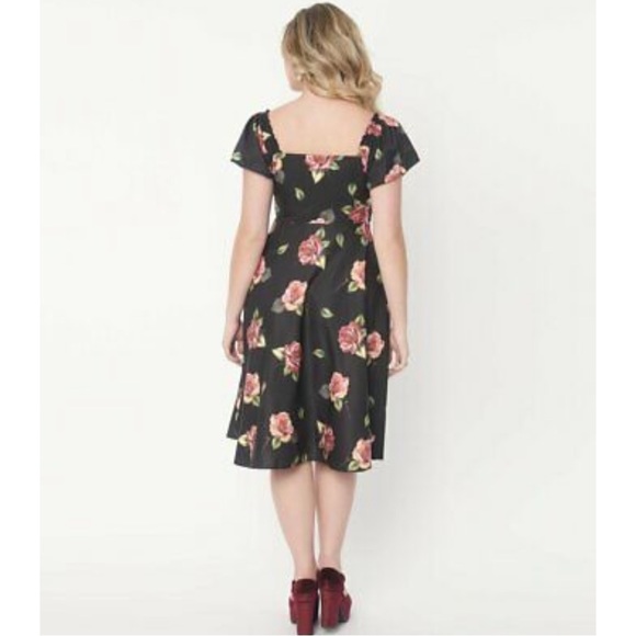 Unique Vintage Black & Pink Floral Ellias Swing Dress - Picture 3 of 10